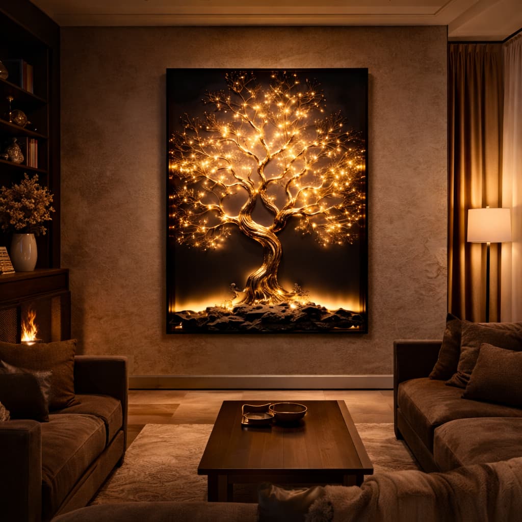 Quadro Decorativo Moderno Abstrato Árvore da Vida Iluminada Noturna Sofisticada Vitral MDF 110x70