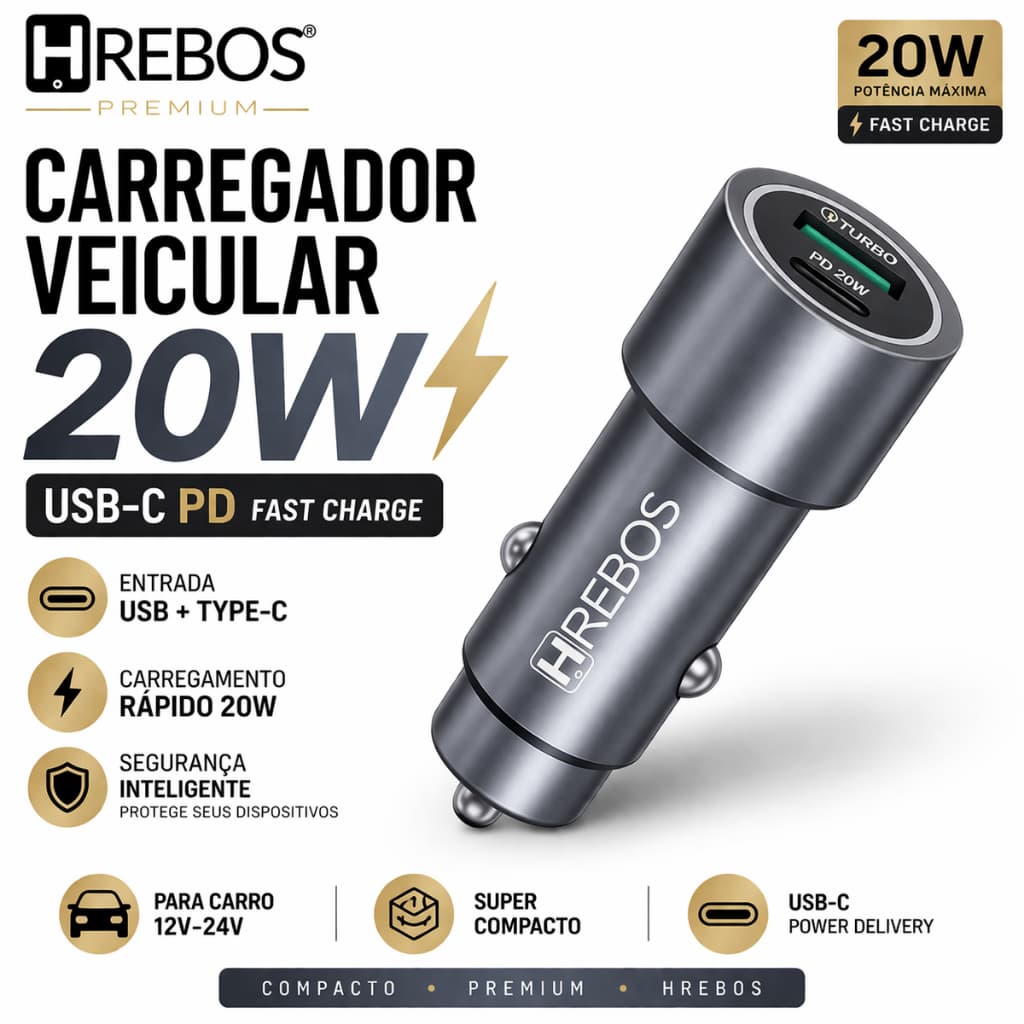 Carregador Veicular Turbo 20W USB e Type-C para 2 Dispositivos Lightning ou Type-C