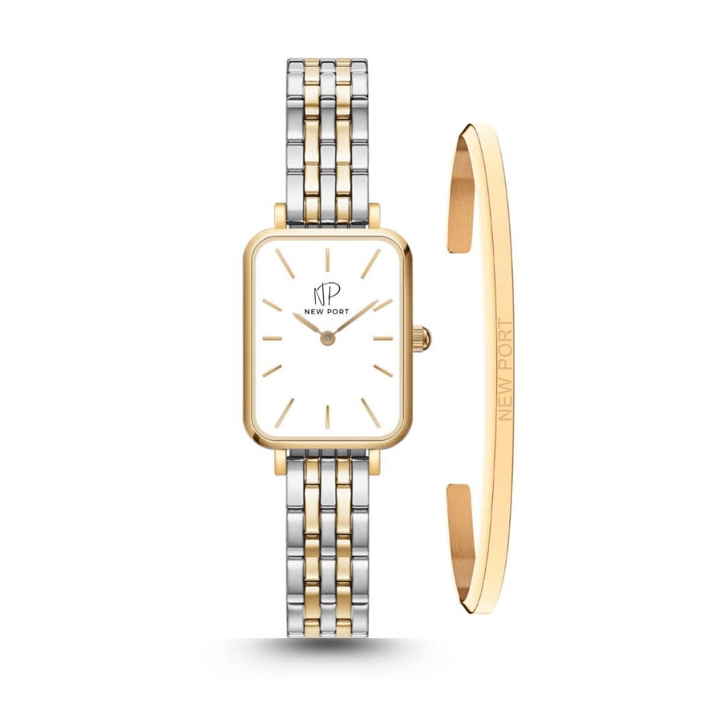 Relógio Feminino Dourado Quadrado Elegante Sofisticado New Port Com Bracelete