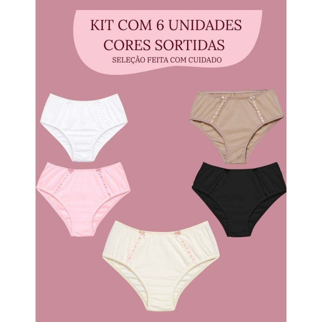 6 Calcinhas Algodão Renda Cintura Alta Conforto Modeladora