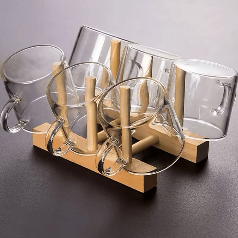 Kit Canecas de Vidro com Suporte de Bambu – Elegante, Organizador e Ideal para Servir