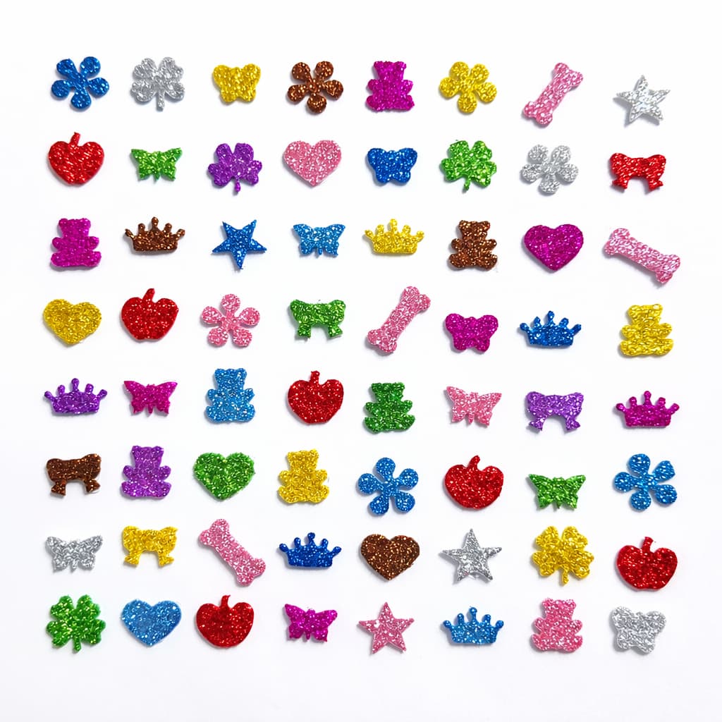 Kit 50/100 Adesivos EVA Glitter Pet Autocolantes | Formatos e Cores Sortidos Laços Pet e Artesanato