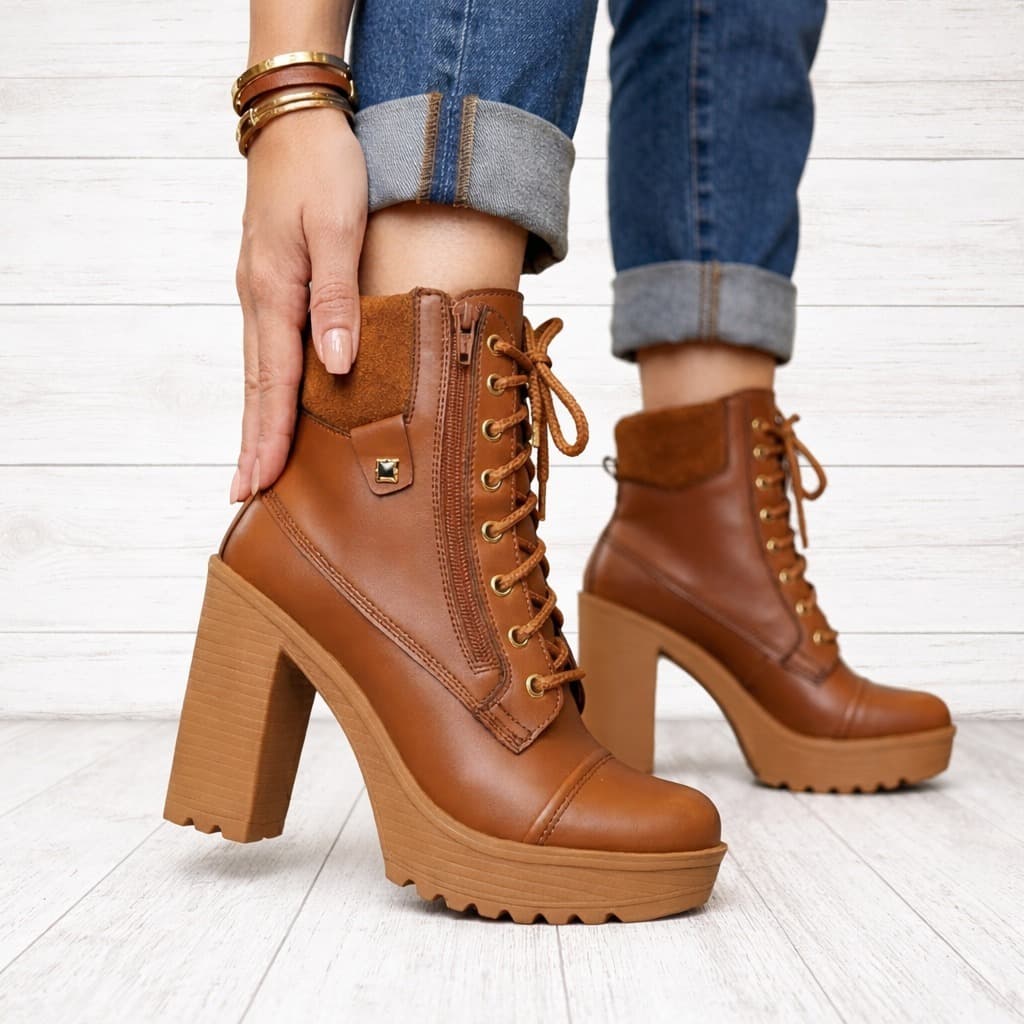 Bota Tratorada Feminina Zíper Lateral Sola Alta Cano Baixo Coturno Marrom Blogueira Moda Confortável