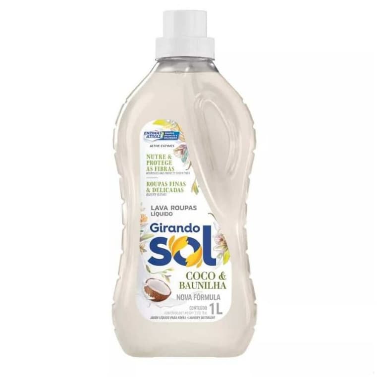 Sabão Liquido Lava Roupas Coco E Baunilha Girando Sol 1 Litro - Roupas Macias E Perfumadas Casa Lar