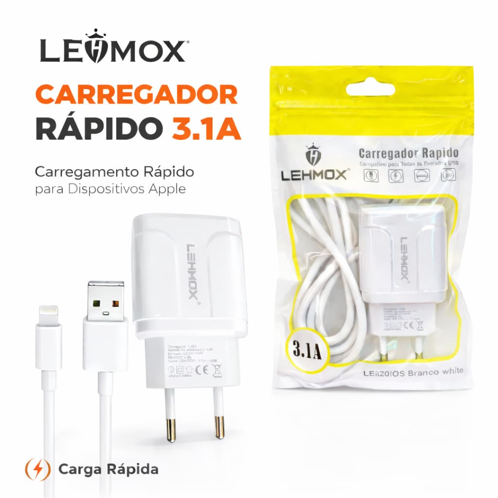 Carregador Rápido Lehmox 3.1A ios Cabo Incluso Branco Entrada Lightning