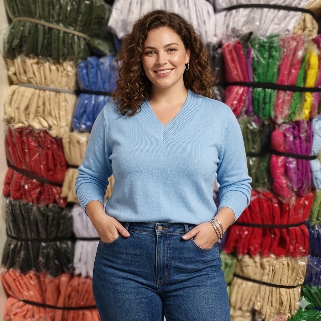 blusa de tricôt plus size Básica Gola V manga comprido