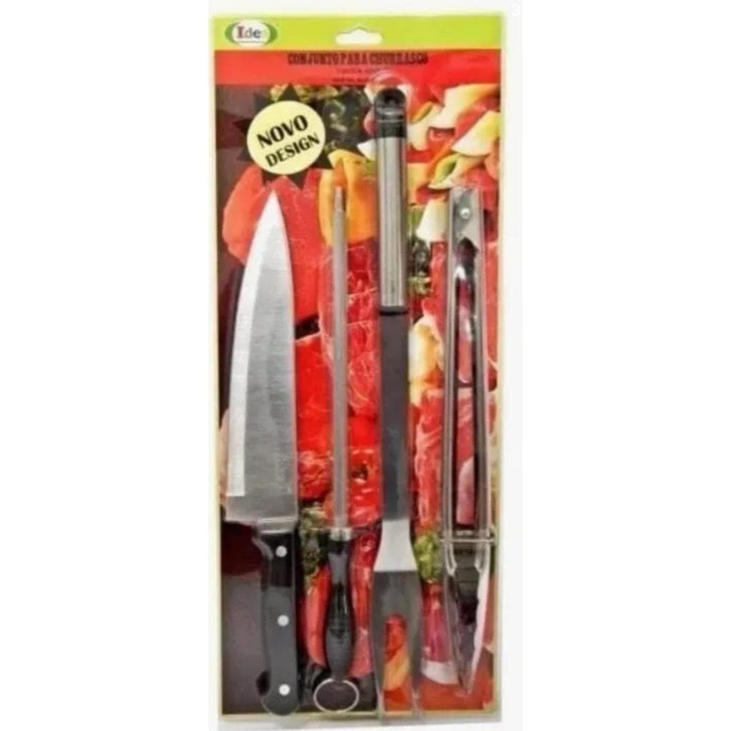 Kit Churrasco 4 Peças Faca/chaira/ Garfo Tric./pegador Ieda