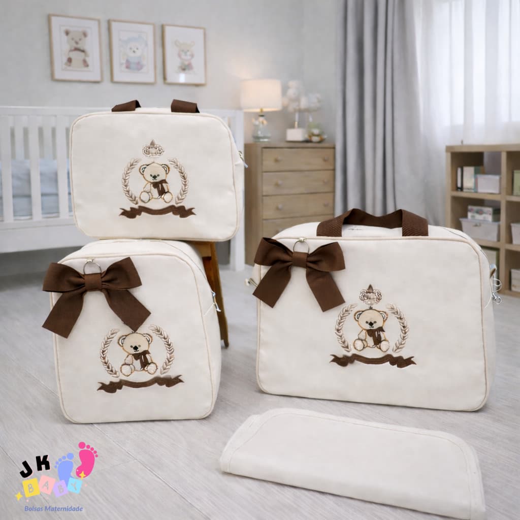 Kit Bolsa Maternidade Grande 4 Peças Urso Impermeável Enxoval Off White