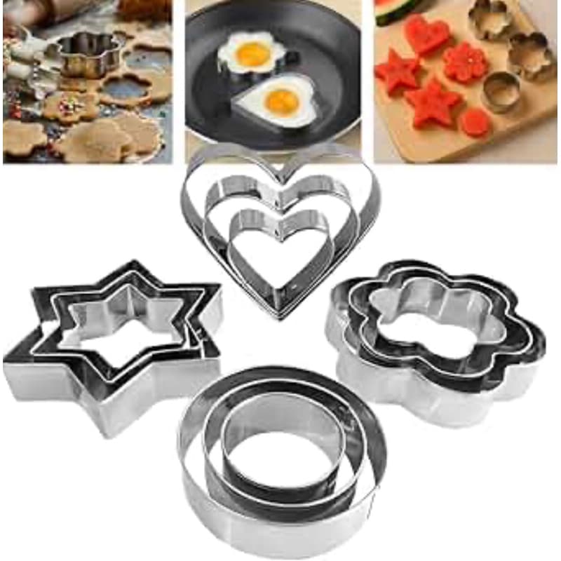 Kit 12 Cortadores De Biscoito Inox Coração Flor Estrela e Círculo Moldes Para Cookies Fondant e Massinhas