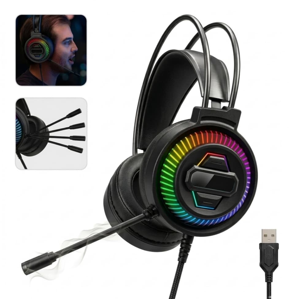 Headset Gamer com Fio LED RGB Vibrante USB com Microfone Flexível para PC e Notebook