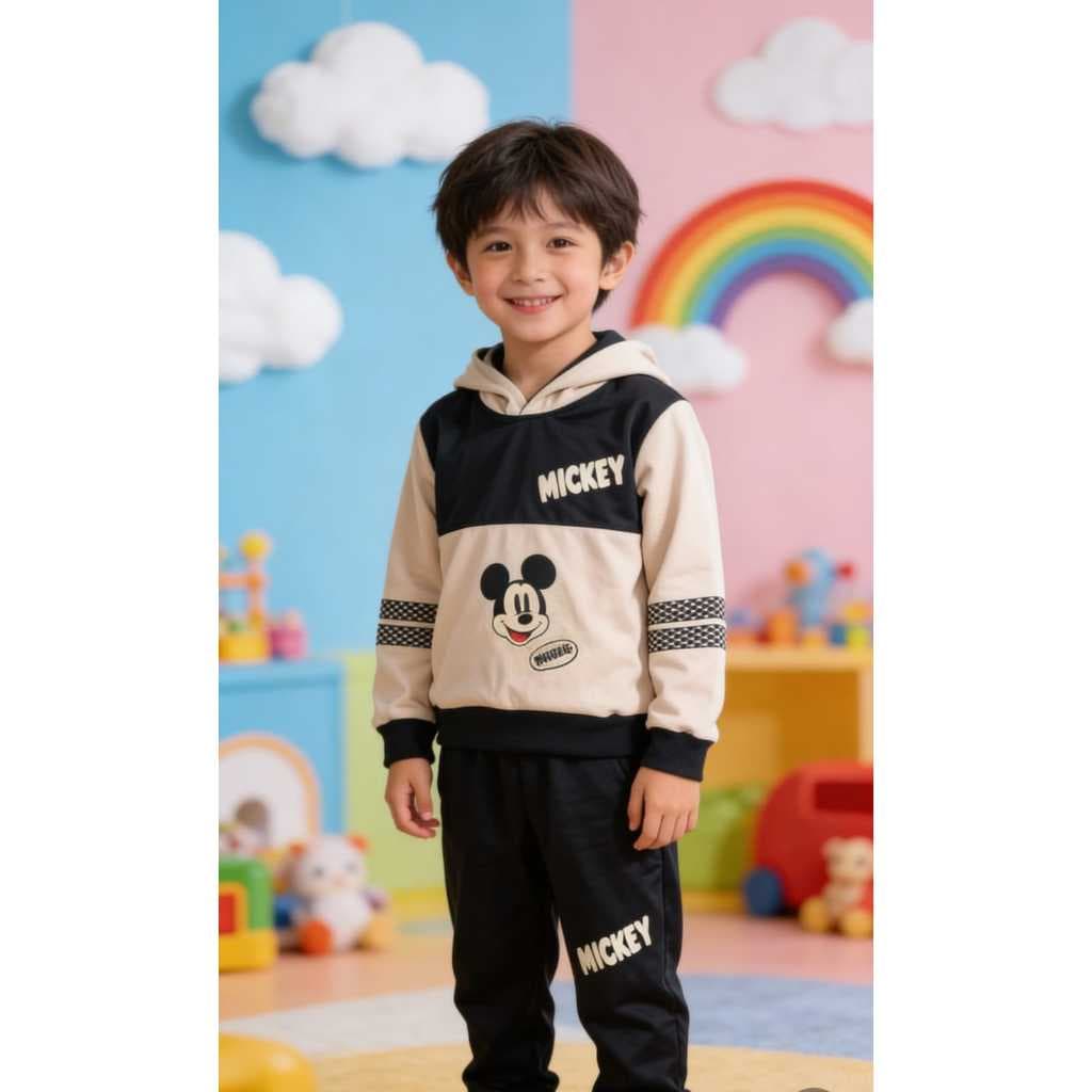 Conjunto Infantil Mickey Preto e Bege Casaco Chimpa + Calça Super Conforto para Pequenos Fãs da Disney