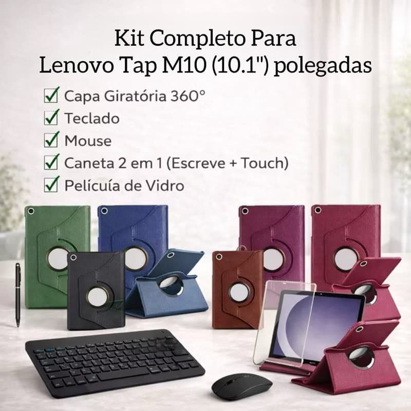 Kit Completo 5 em 1 para Lenovo Tab M10 10.1”– Capa Giratória 360° + Teclado + Mouse + Película de Vidro + Caneta 2 em 1