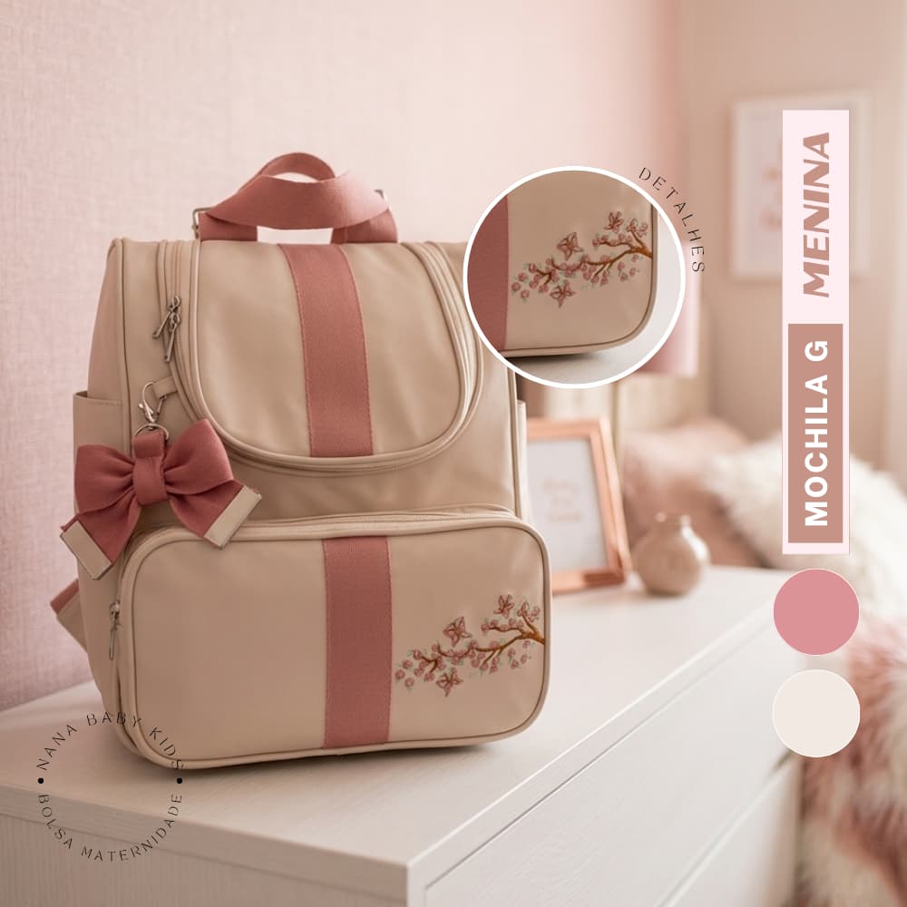 Mochila Maternidade G - Rosa Goiaba Luxo Bordada Térmica Impermeável