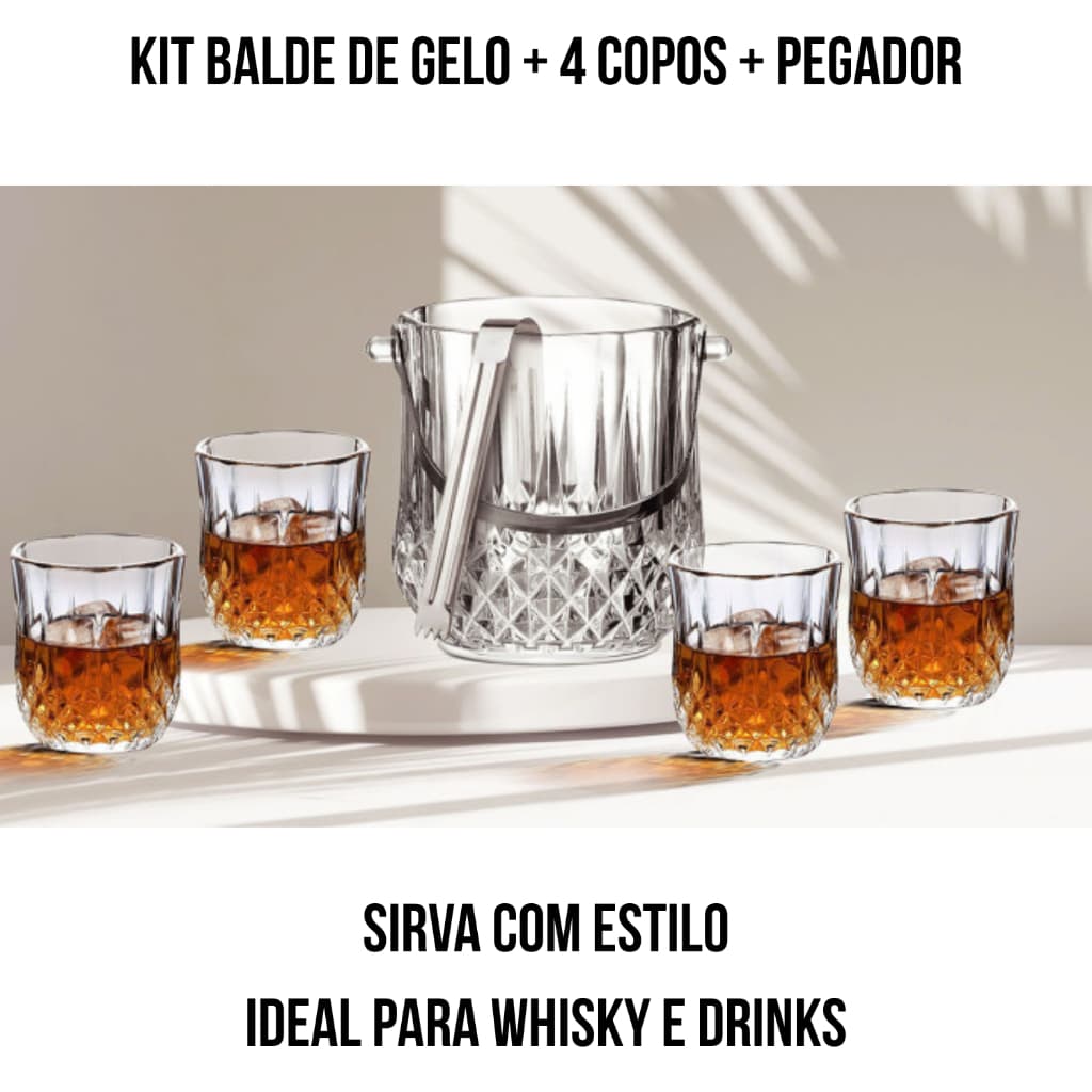 Kit Balde de Gelo com 4 Copos Bico de Jaca Vidro E Pegador Inox Bar Luxo