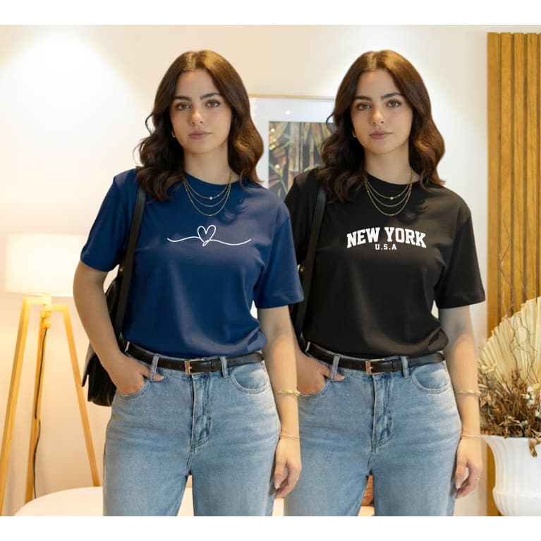 Kit 2 T-shirt Feminina Estampada 100% Algodão Confortável Camiseta Gola Redonda Várias Cores