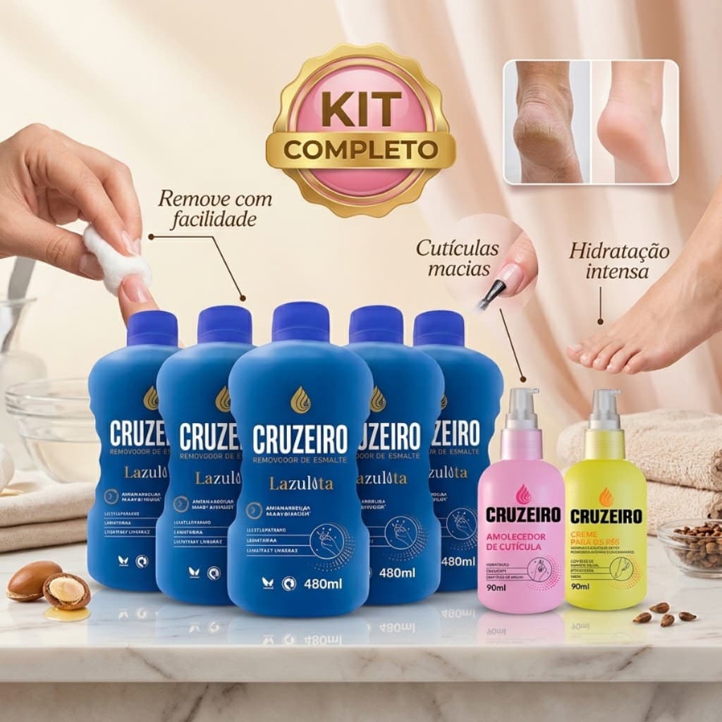 KIT 5 Removedor esmalte Cruzeiro 480ml + Secante Esmalte ou Creme pes ou Removedor unha Linha Unhas