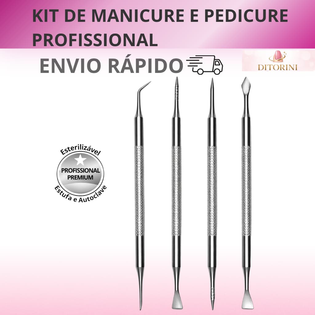 Kit Manicure Pedicure Profissional 4 Peças Aço Inox Dupla Ponta Espátula Cutícula Esterilizável
