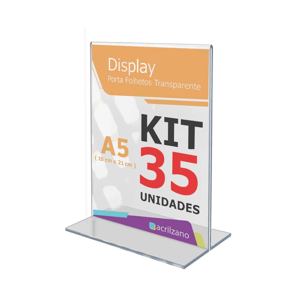 Display A5 15x21 Acrílico Tipo T para Cardápio de Mesa em Bistrô – Kit com 35 Unidades