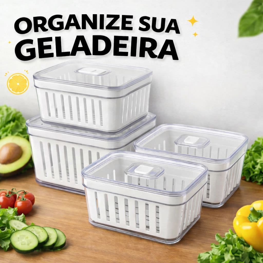 Organizador de Geladeira 3.8L com Tampa e Cesto Drenante Kit 1 a 4 Unidades para Frutas e Verduras