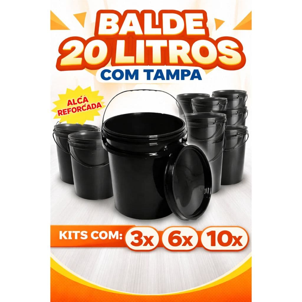 Kit Baldes 20 Litros Preto com Tampa e Alça Reforçada | 3, 6 ou 10 Unidades | Plástico Resistente
