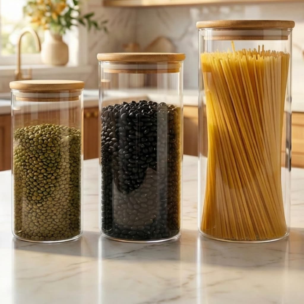 Kit 3 Potes Hermético Tampa Bambu Vidro Borossilicato Porta Mantimentos Alimentos Temperos Vedação