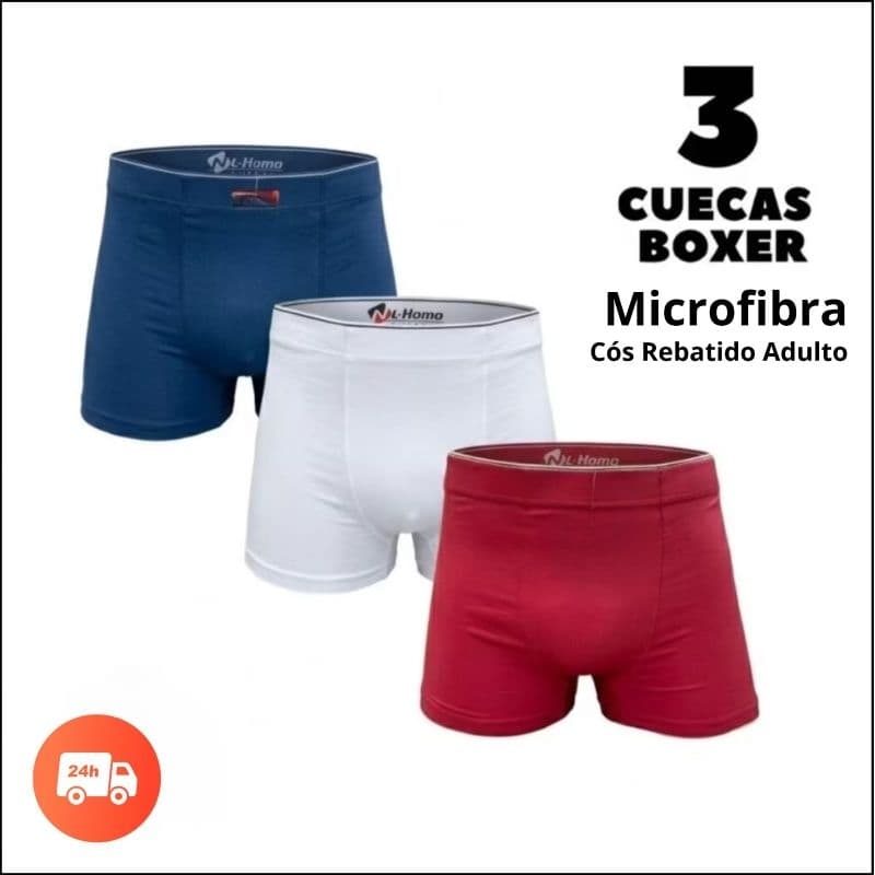 Kit Com 03 Cuecas Boxer Microfibra Cós Rebatido Adulto