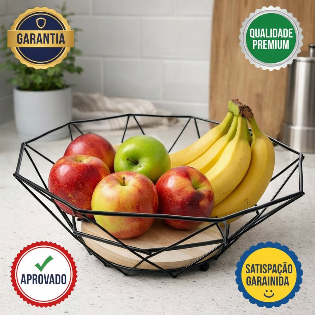 🍎 Fruteira Diamond De Mesa Moderna Cesto De Aço E Base Madeira Organizador Decoração Cozinha Gourmet