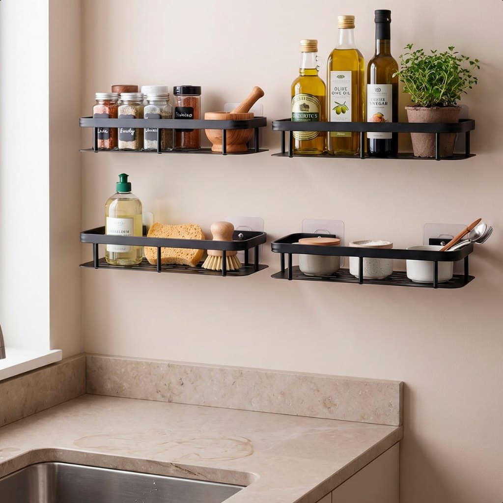 Prateleira Cozinha Parede Adesiva Organizador Tempero Utensílio Nicho Metal Aço Inox Sem Furo Kit