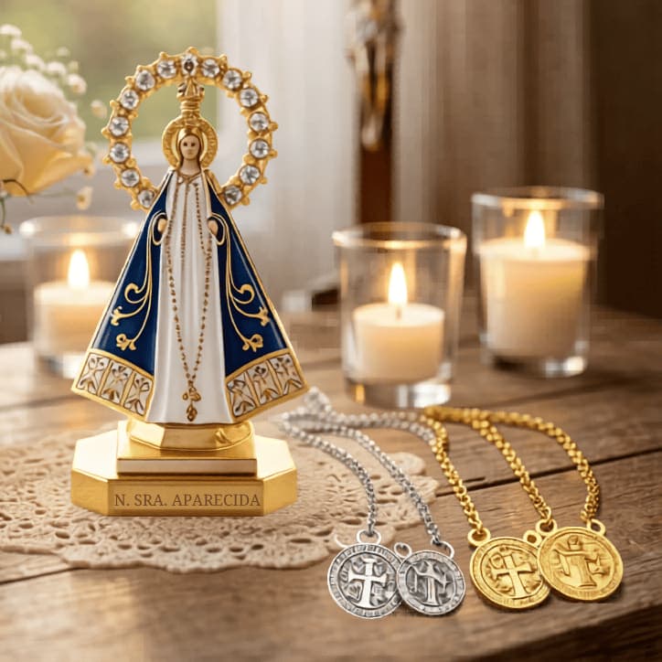 Kit Escapulário de São Bento Com Santinha da Nossa Senhora 6cm