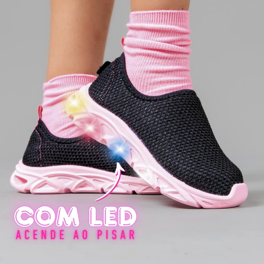 Tênis Infantil Escolar Led Menina Confortável Calce Fácil Rosa Com Luzinha Colorida
