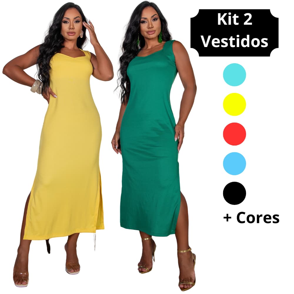 Kit 2 Vestidos Feminino Ribana Canelada Fenda Lateral Look Casual Dia a Dia Elegante Moderno