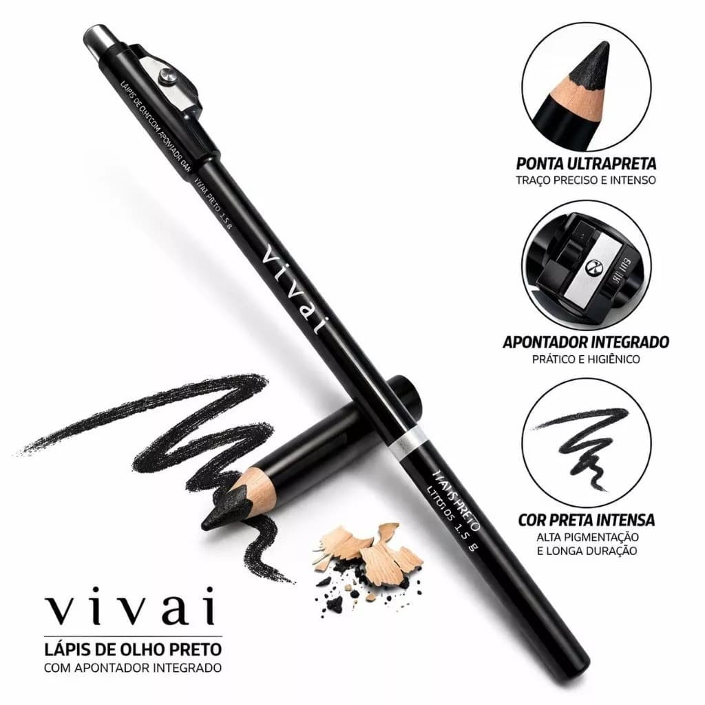 Lápis Para Olhos/delineado Preto Com Apontador -Vivai Preto