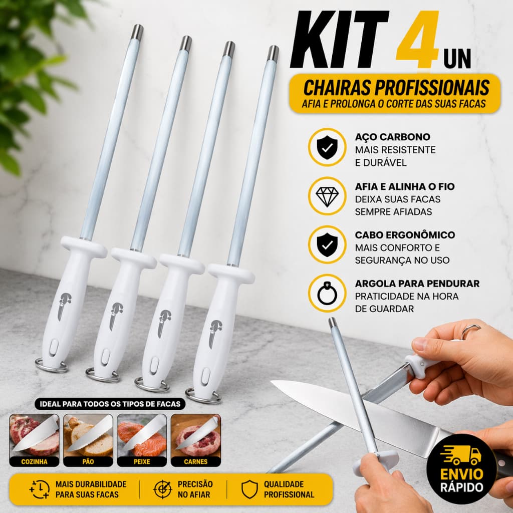4/3/2/1 Un Chaira Amolador Profissional 10" Premium - Afiador Amolador de Facas de Precisão 38cm Para Açougue