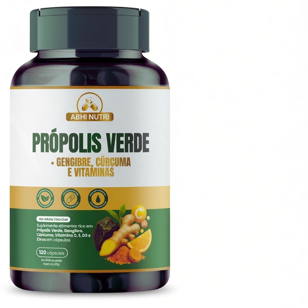 Própolis Verde Gengibre + Cúrcuma Vitamina C + E + D3 + Zinco 120 Cápsulas. 1 2 e 3 Unidades ABHI NUTRI