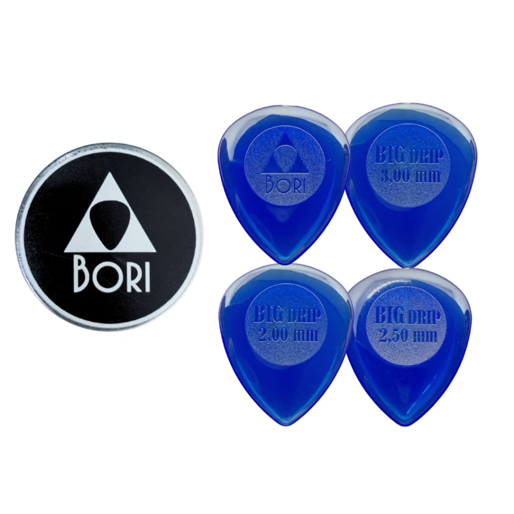 Kit Palhetas BORI Big Drip Azul 1.5 2.0 2.5 3.0mm + Latinha N-Gel Grip Guitarra Violão Baixo Profissional
