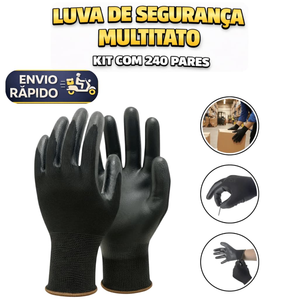 Kit 240 Luva De Segurança Multitato Tatil Banhada Luva Pu Black P M G GG Mecanico Pedreiro Eletricis