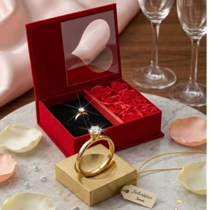 Presente dia das Mães e/ou Namorados Kit 1 Caixa 16cm + 1 Anel Solitário Aço Inoxidável 3mm Dourado