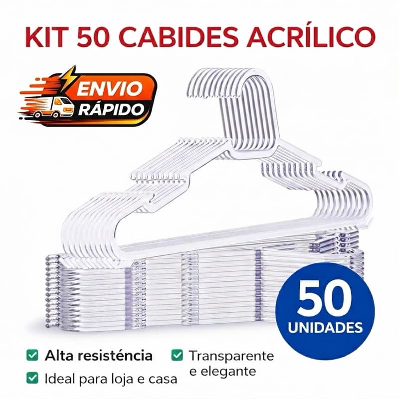 50 cabides acrílico transparente adulto reforçado antiderrapante