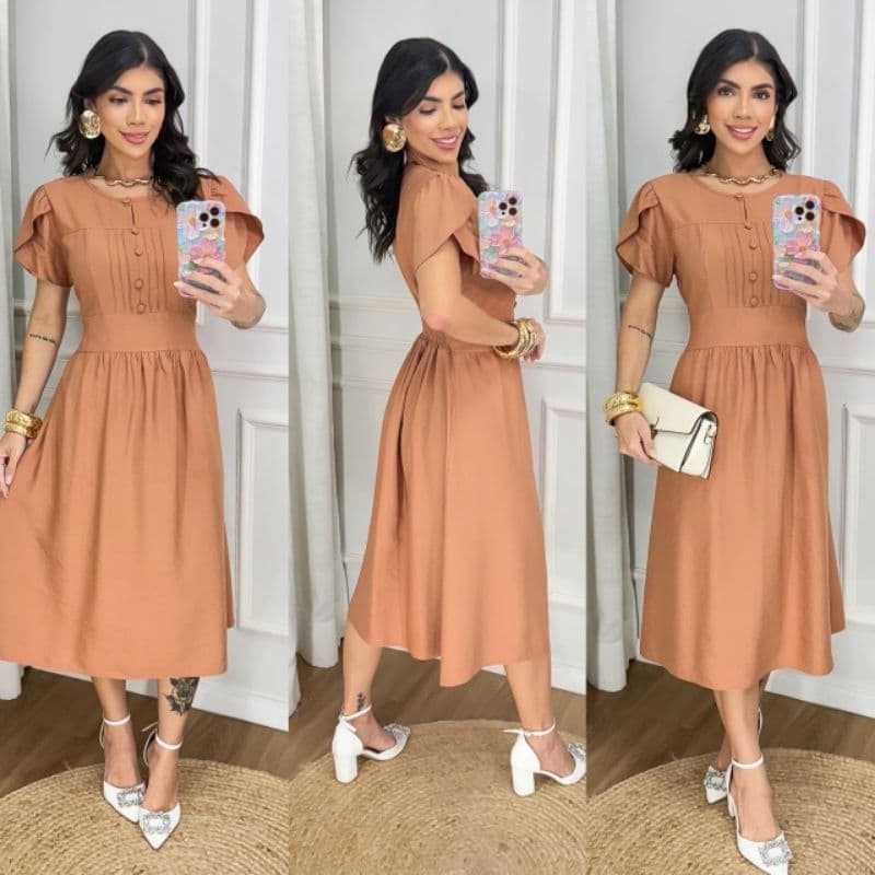 vestido mídi gola redonda(com botões encapados, manga flare)