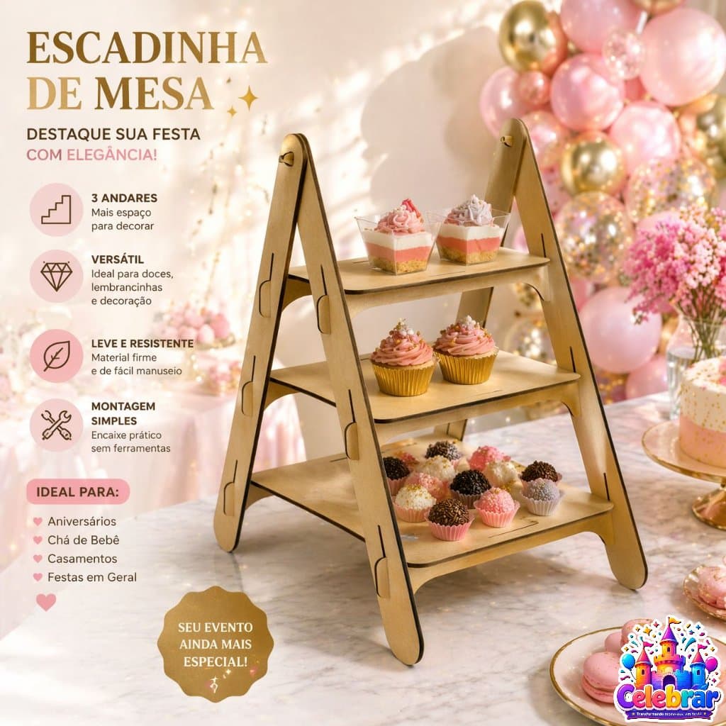 Expositor Escada para Decoração de Mesa Com 3 Degraus em MDF Cru Casa Artesanato Suporte