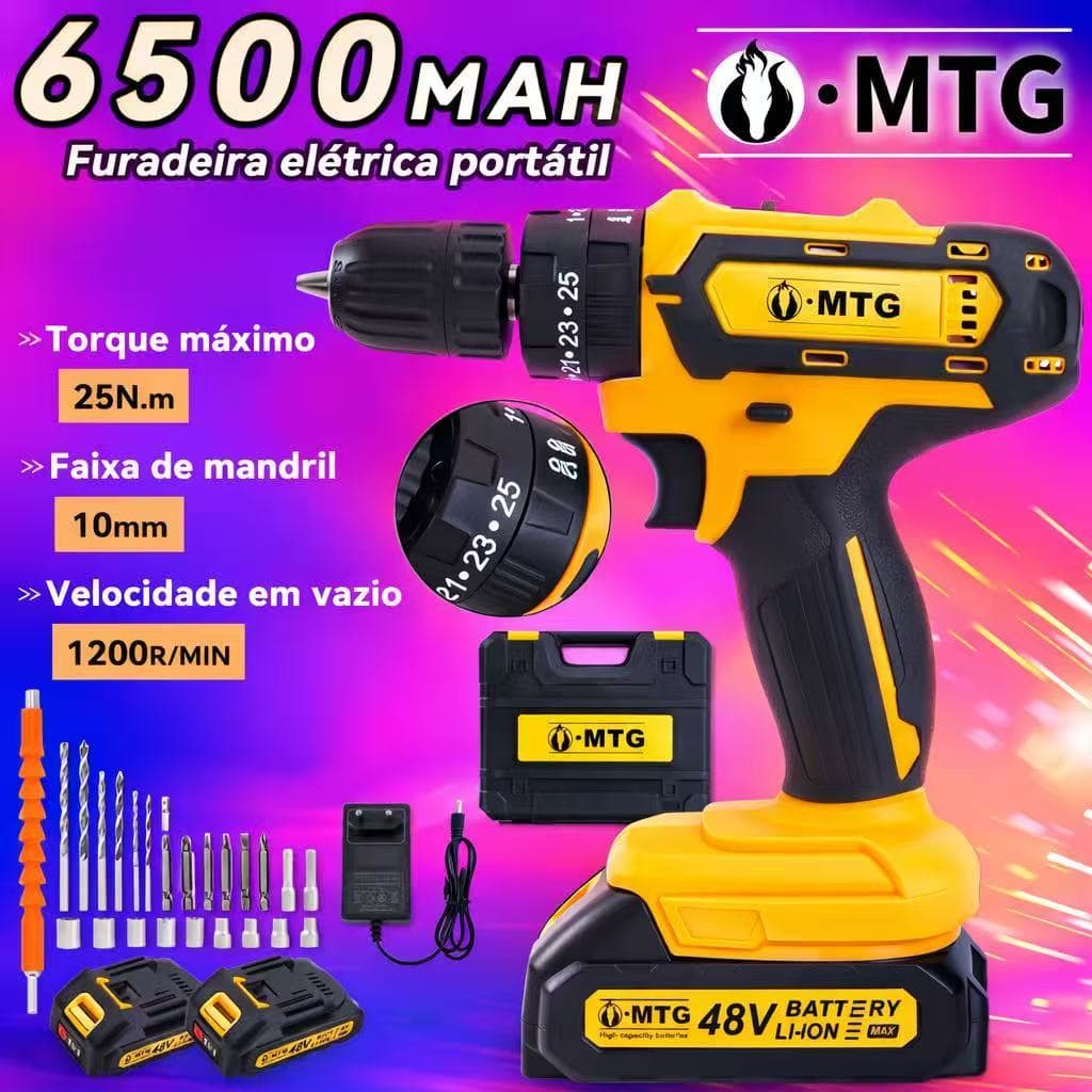 Furadeira elétrica multifuncional sem escovas, furadeira de impacto de 21V, bateria de 48V, 45Nm.