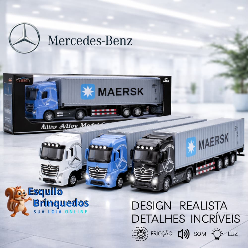 Miniatura Caminhão Carreta Contêiner Mercedes Com Luz Som e Fricção  1/50