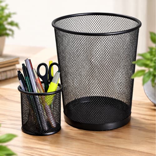 Lixeira 10L e Porta Caneta Metal Telado Preto Organizador Escritório Moderno Resistente