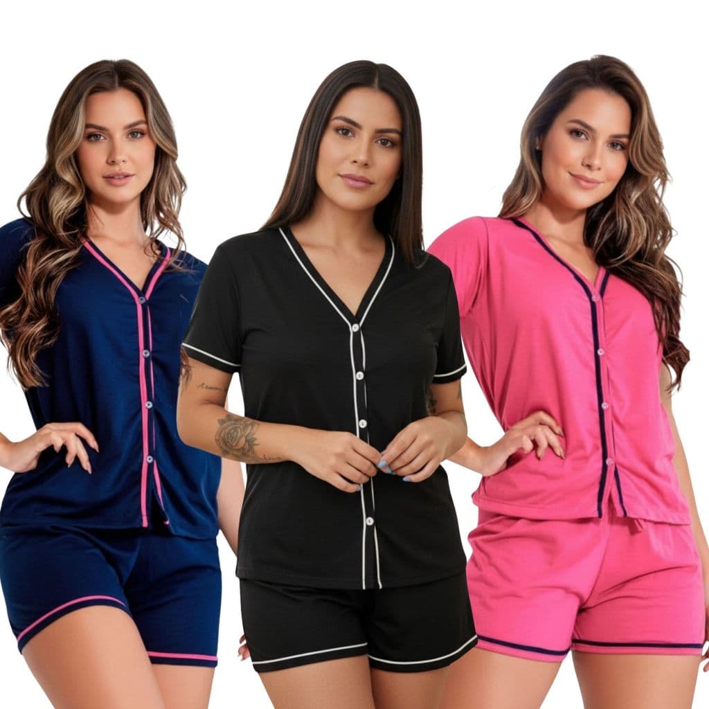 Kit 3 Pijamas Amamentação Americano Baby Doll Cirúrgico com botões em Malha