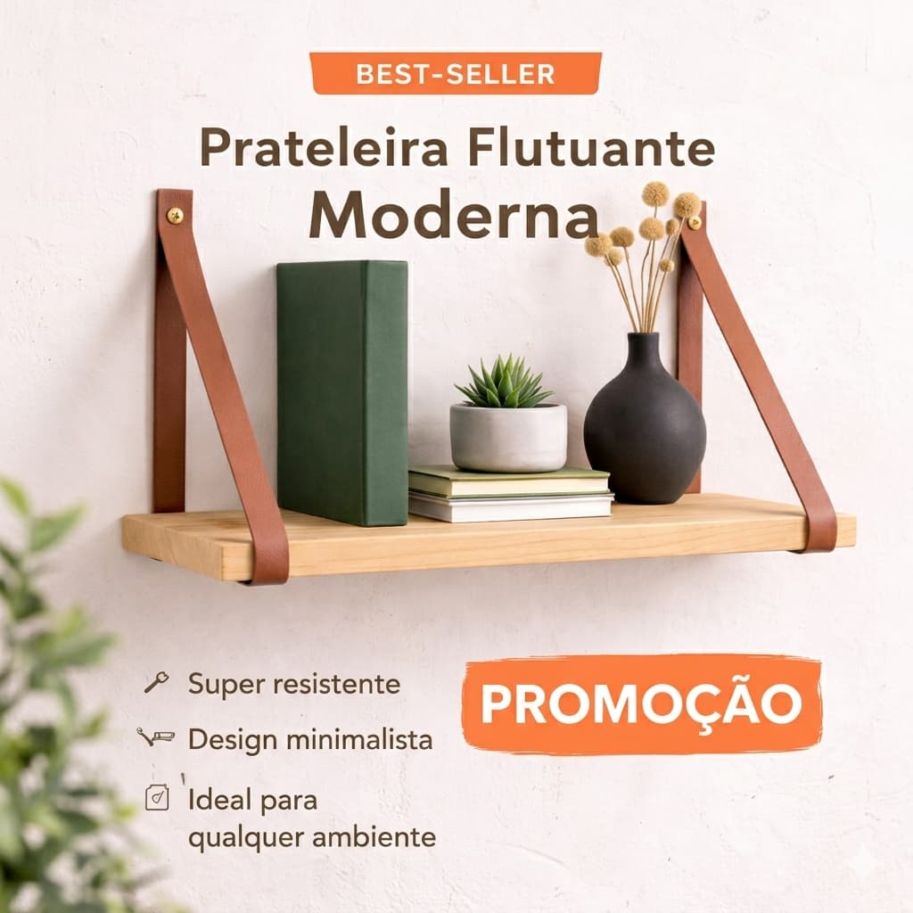 Prateleira Suspensa 50x15 Madeira Pinus Alça De Couro Premium