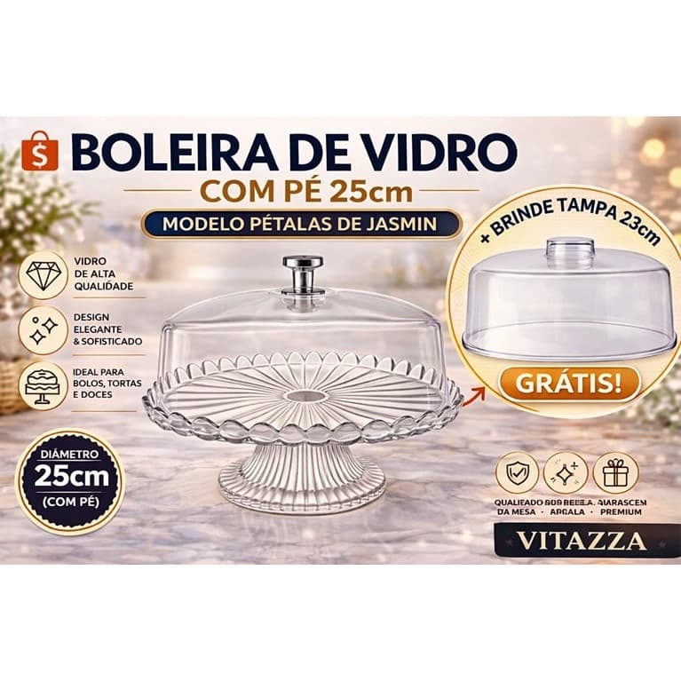 Porta Bolo Boleira Vidro 25cm Pétalas De Jasmin Vitazza + Brinde Tampa Cúpula Acrilico 23cm