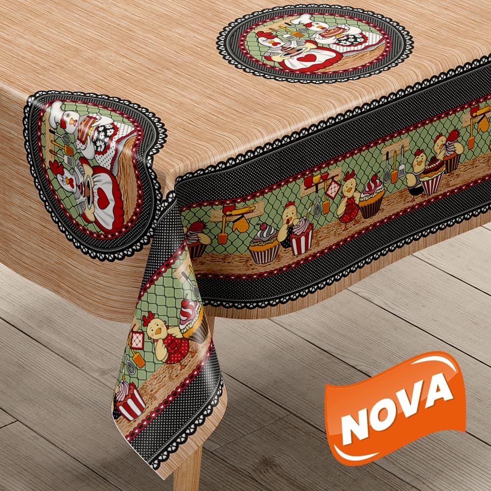 Toalha de Mesa Plástica Térmica Galinha Chef Térmica PVC Resistente