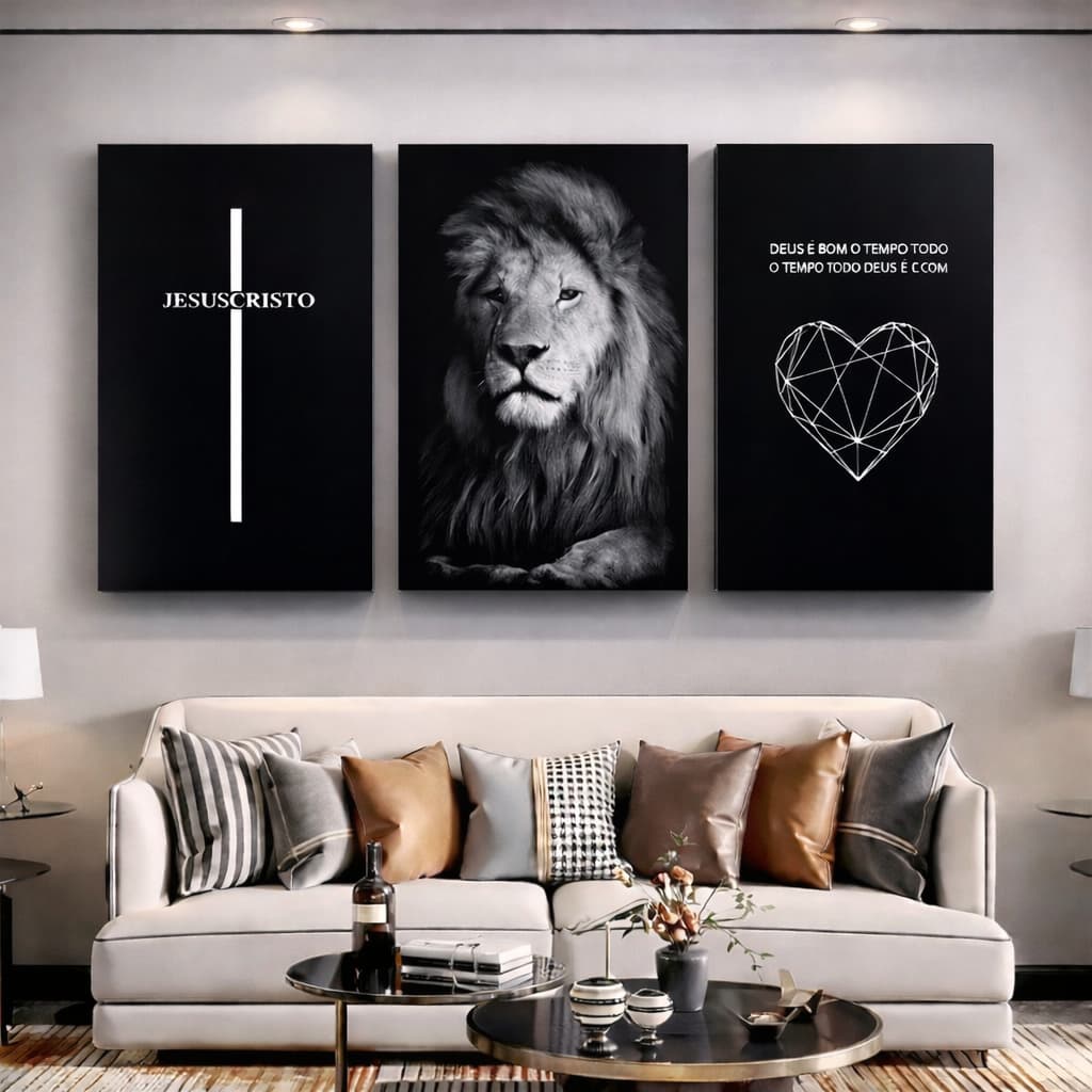 Kit 3 Quadros Decorativos Leão Jesus Cristo Religioso Fé Moderno MDF Sala Quarto Parede