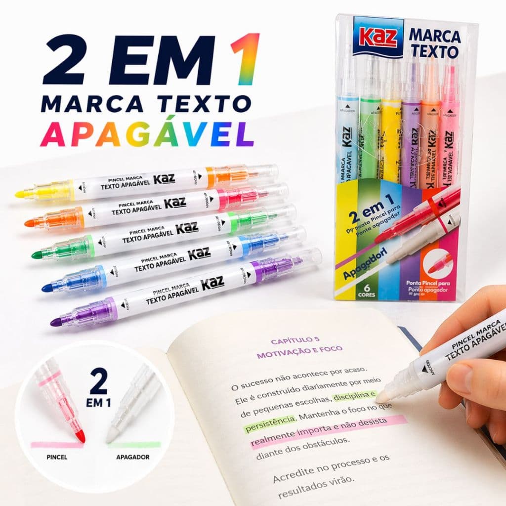 Marca Texto 6 Cores Apagável 2 em 1 Caneta Marcador Material Escolar Biblia Livro Revistas