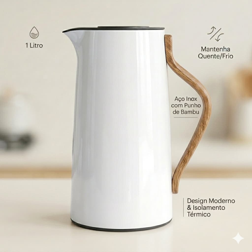Garrafa Térmica 1L Branca Aço Inox com Alça de Bambu Design Moderno Mesa Posta Cozinha Elegante Luxo